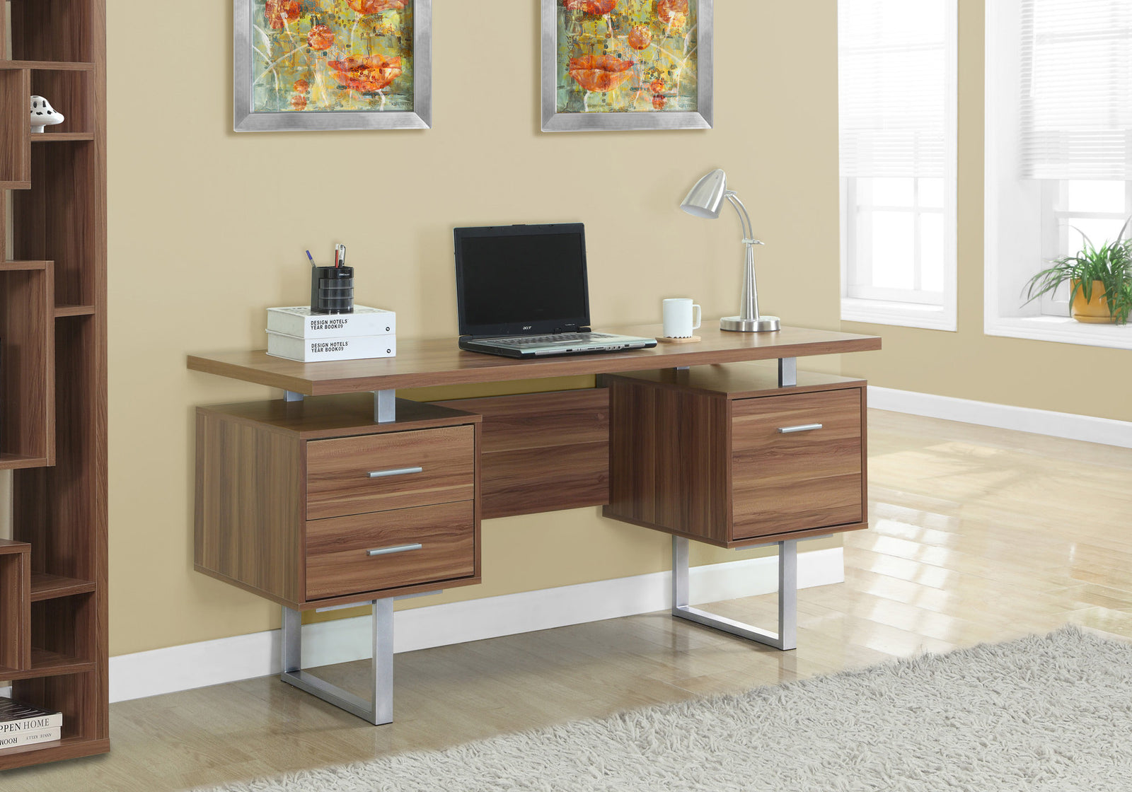 Monarch Specialties 7083 60" Computer Desk Walnut/Silver Metal