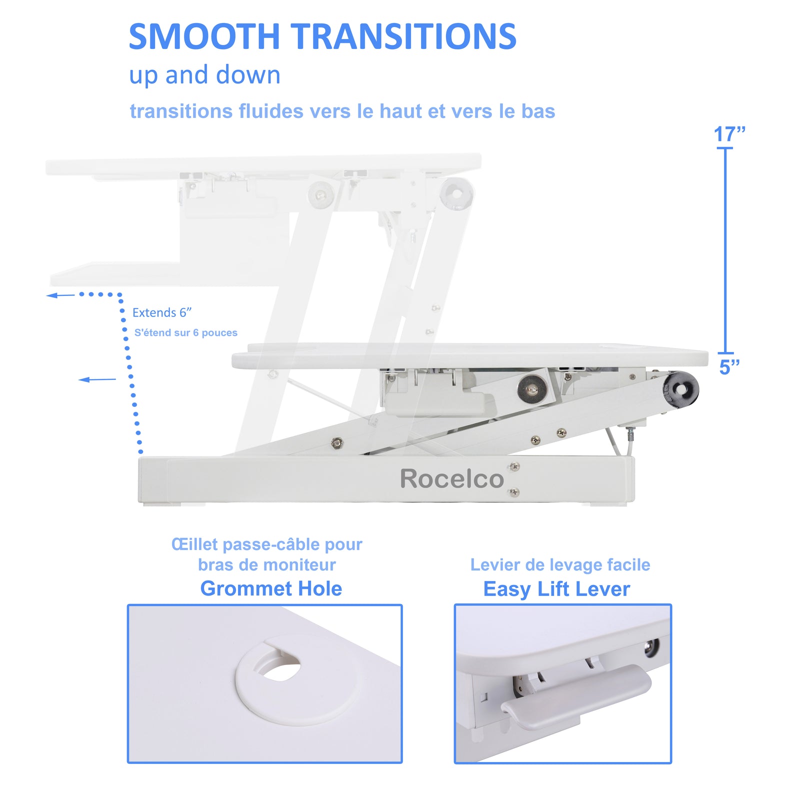 Rocelco 37" DADR Deluxe Extra-Wide Sit To Stand Adjustable Desk Riser White