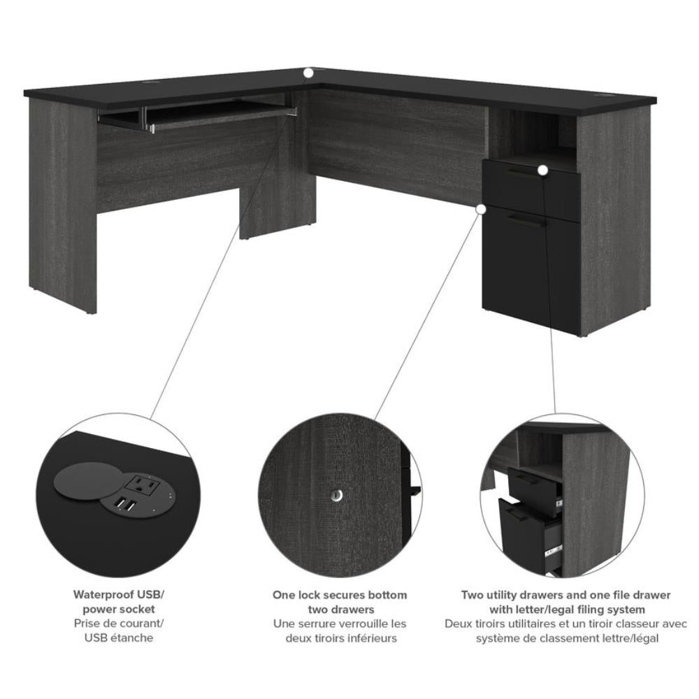 Bestar L-Shaped Workstation Desk Black and Bark Grey