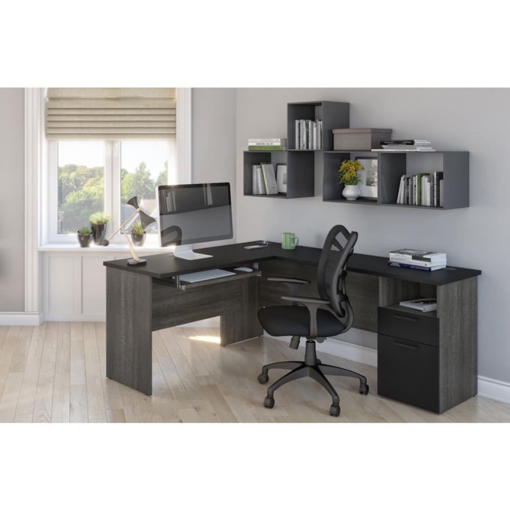 Bestar L-Shaped Workstation Desk Black and Bark Grey
