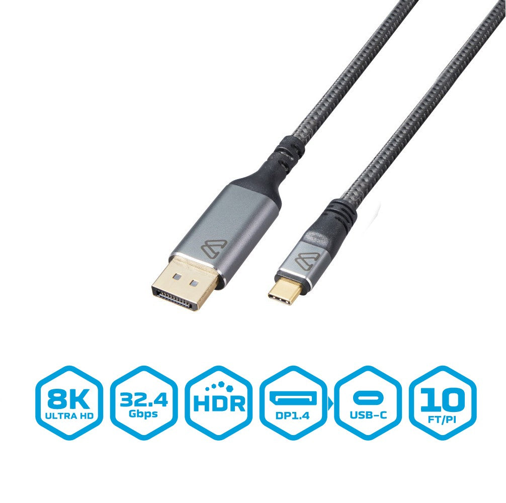 BlueDiamond Pro USB-C to Display Port 1.4 UHD 8K Cable - 10ft - Grey