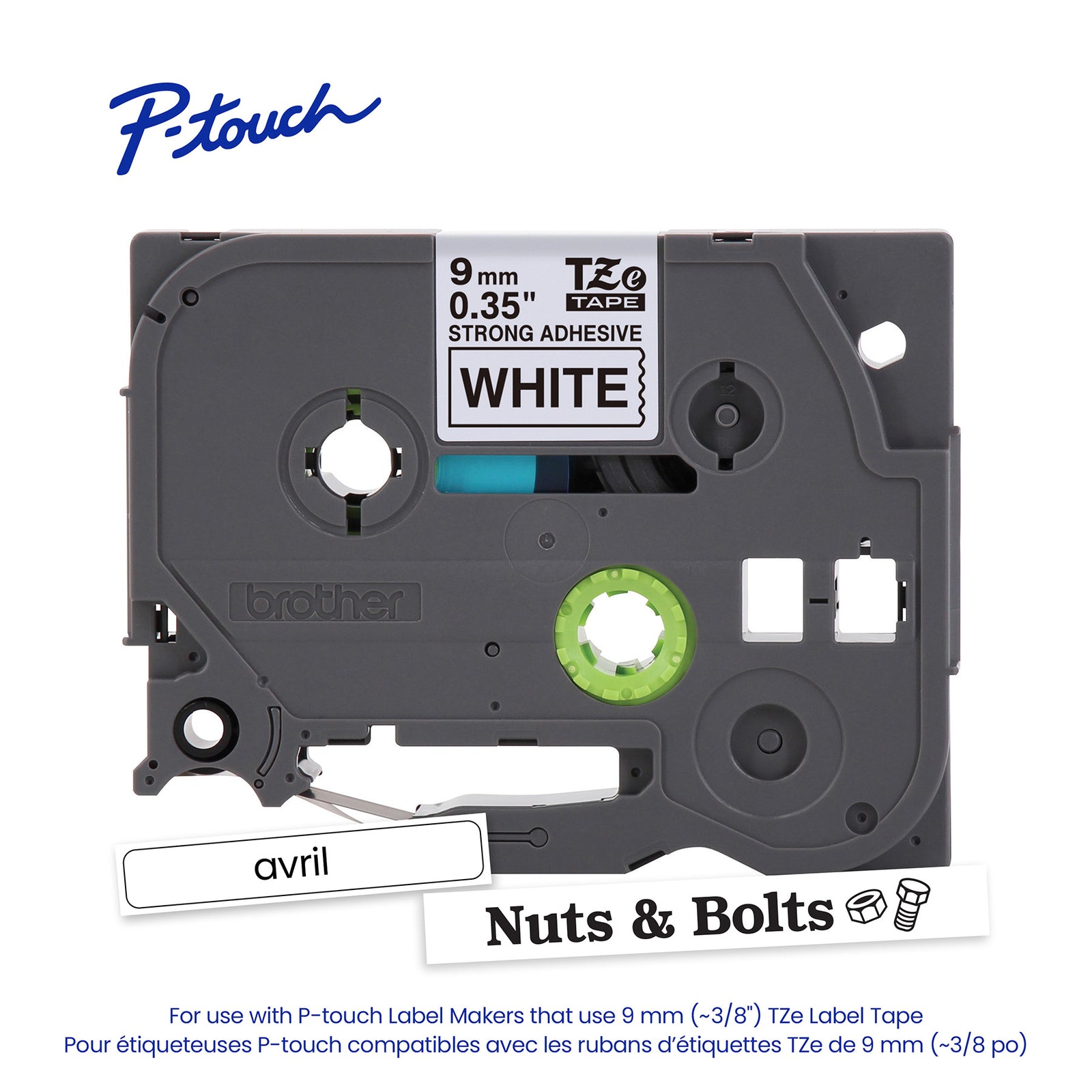 Brother Laminated Tape for P-touch Label Makers 9mm Black Print on White Label