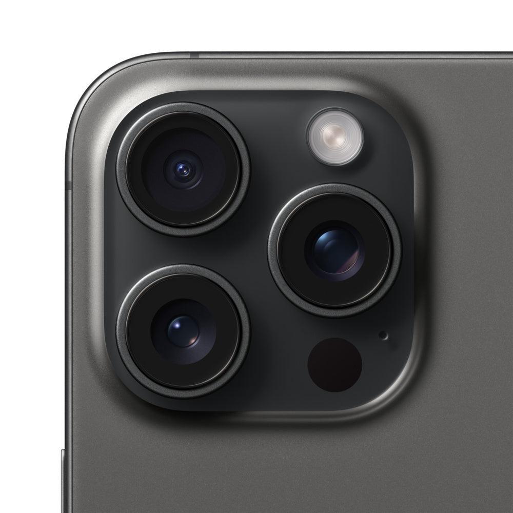 Close-up of the Black Titanium iPhone 15 Pro Max triple-lens camera system and flash.