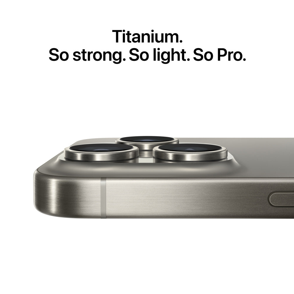 Close-up of the Black Titanium iPhone 15 Pro Max showing the brushed metal frame and triple-lens camera system.
