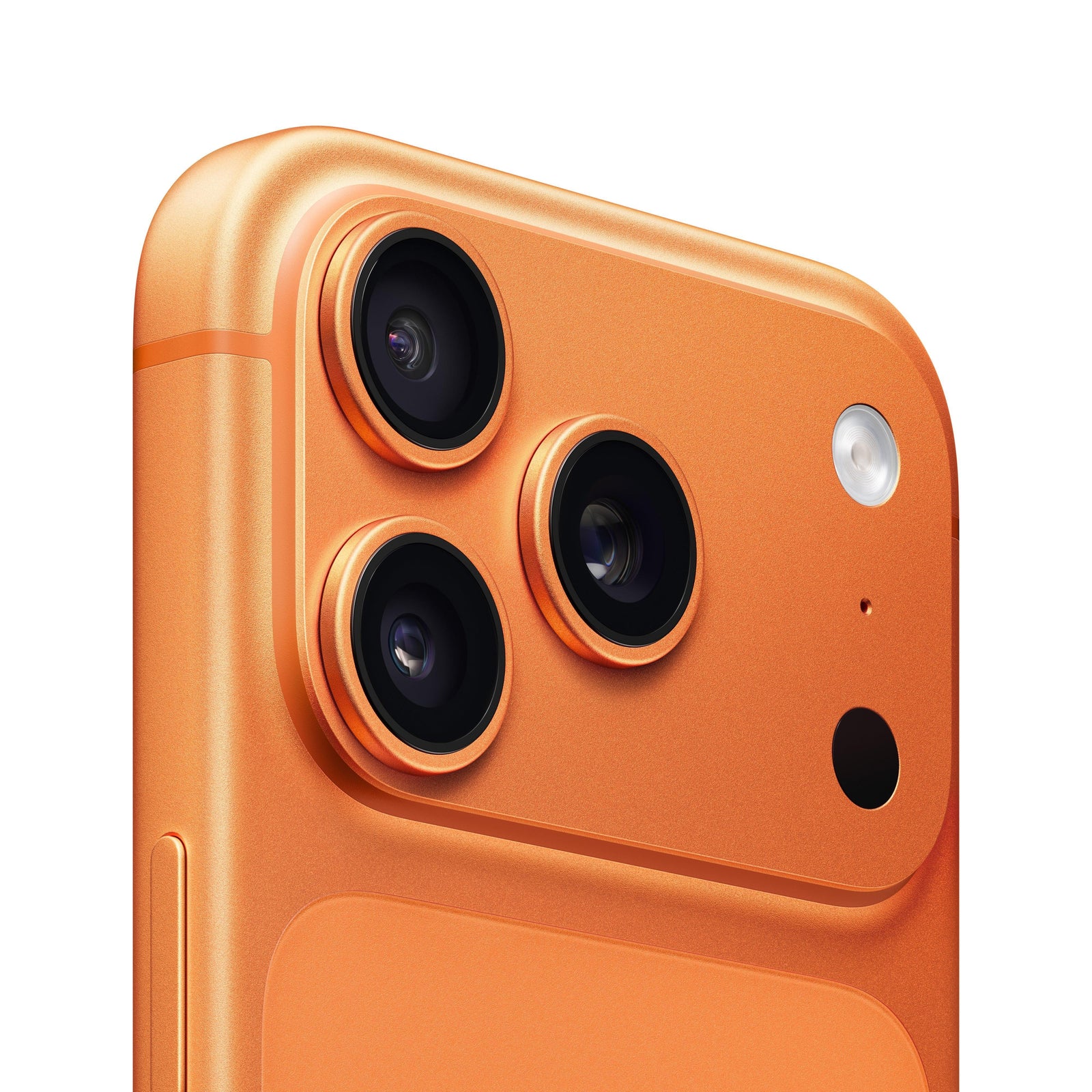 Cosmic Orange iPhone 17 Pro featuring a sleek aluminum unibody design and a triple-lens 48MP rear camera system.