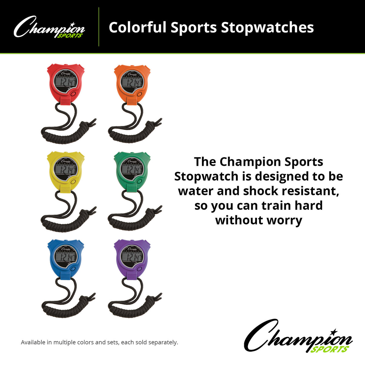 Champion Sports Stop Watch Assorted Colours 6 Pack