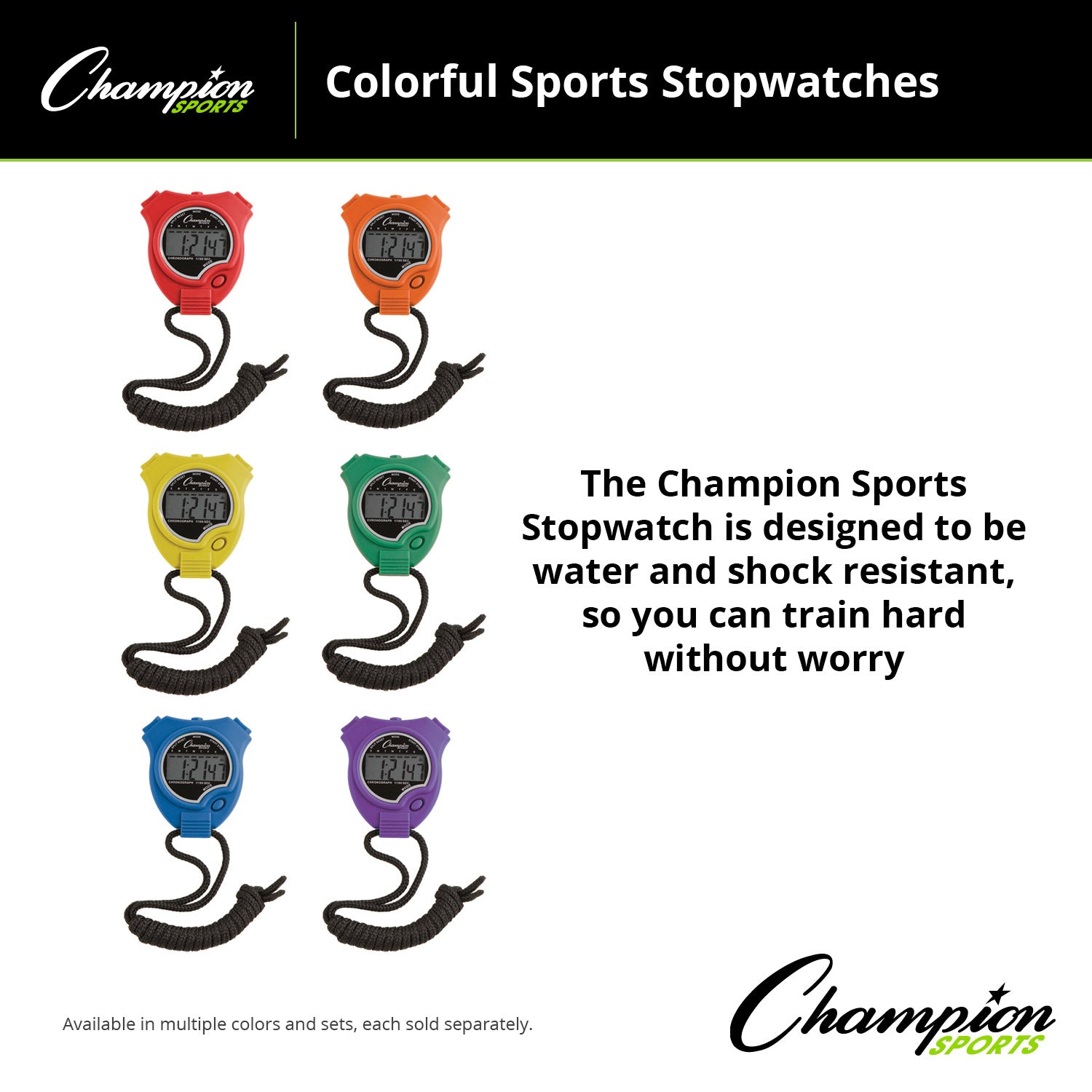Champion Sports Stop Watch Assorted Colours 6 Pack