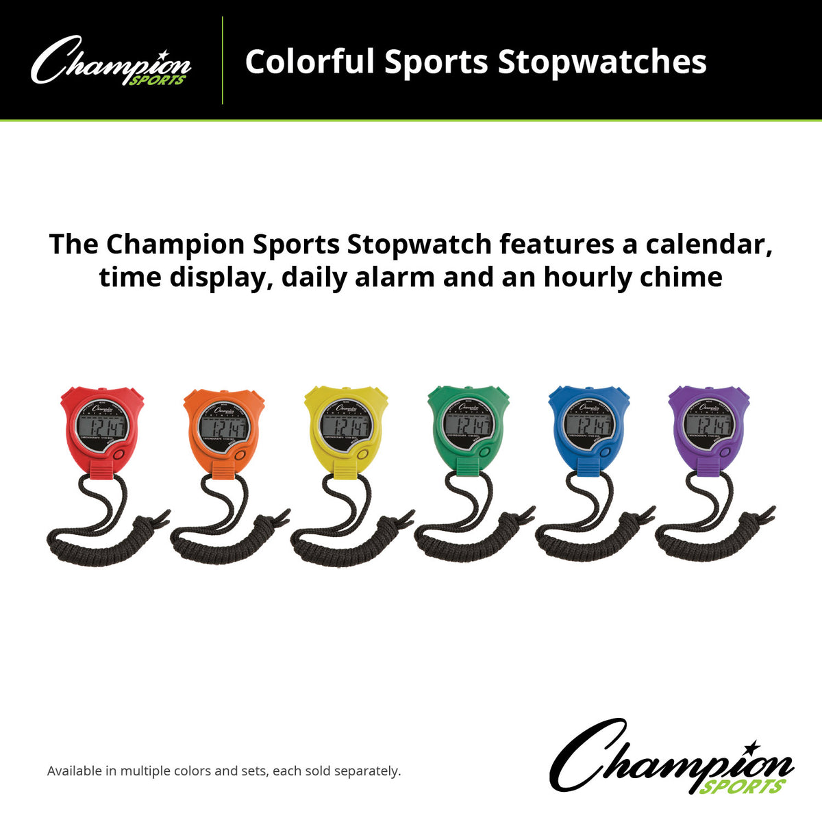 Champion Sports Stop Watch Assorted Colours 6 Pack