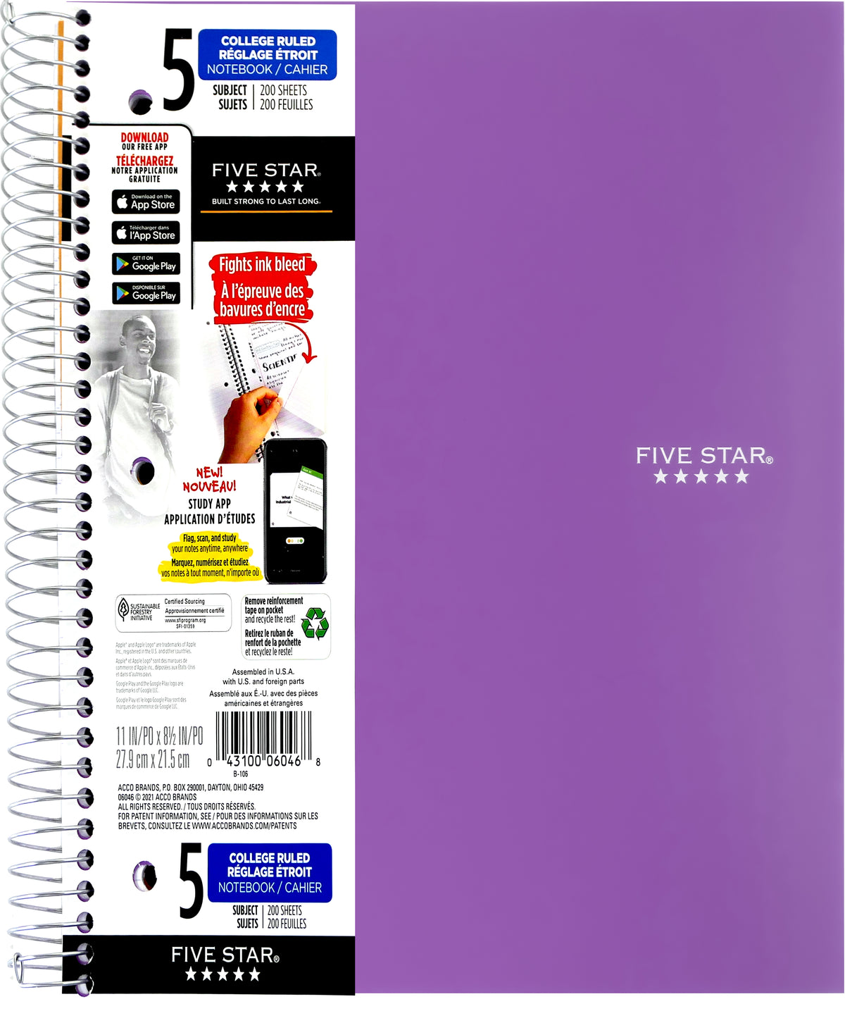 Five Star 5-Subject Notebook 200 Sheets Purple