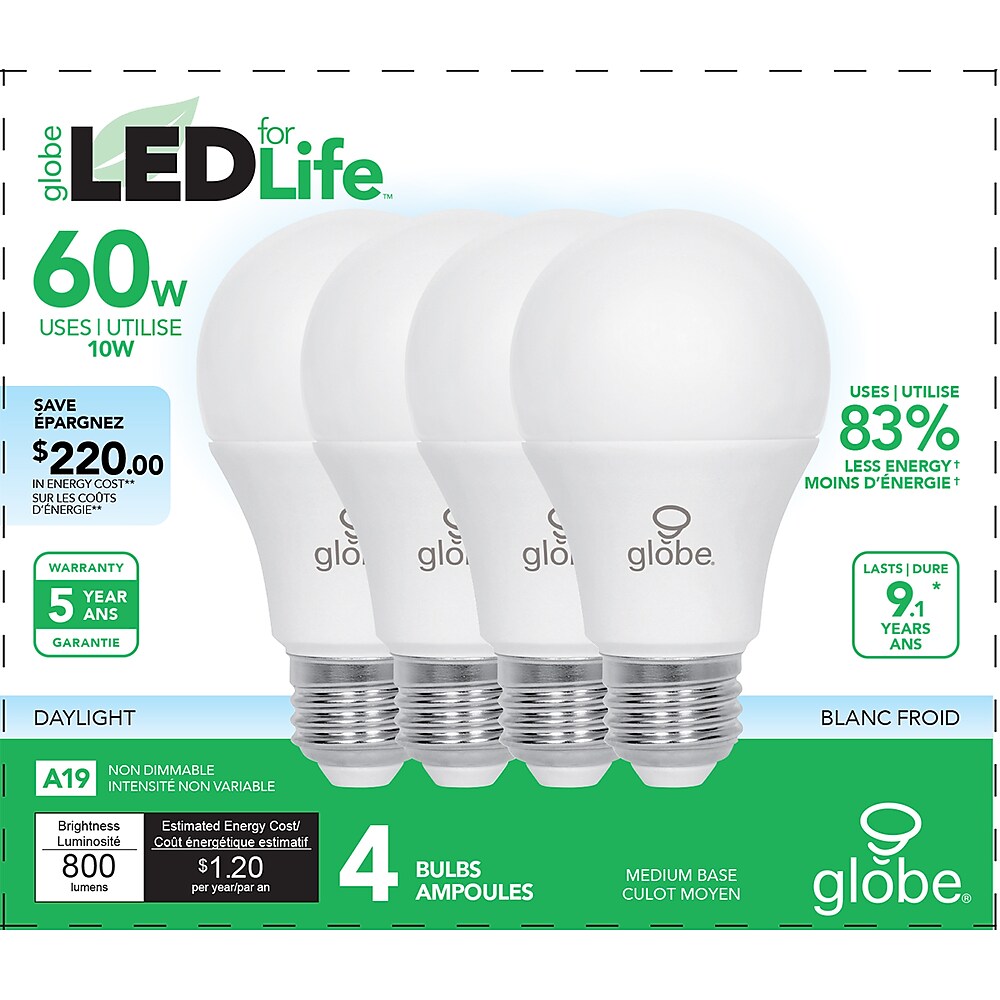 Globe 10W A19 LED Light Bulb 60W EQ Day Light 4 Pack