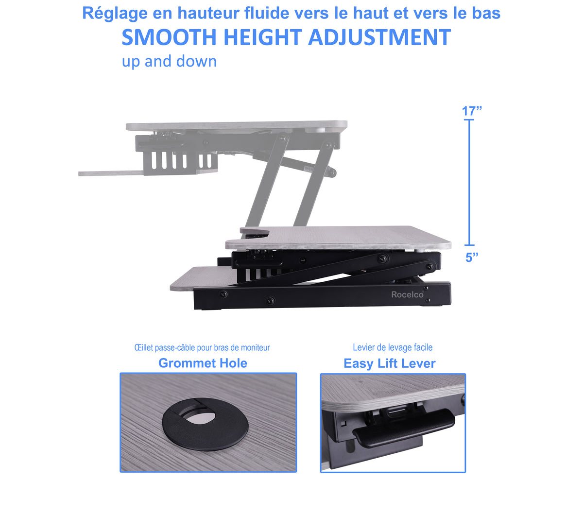 Rocelco 37.5" Adjustable Desk Riser Grey