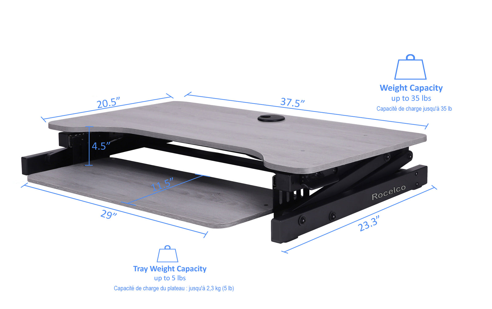 Rocelco 37.5" Adjustable Desk Riser Grey
