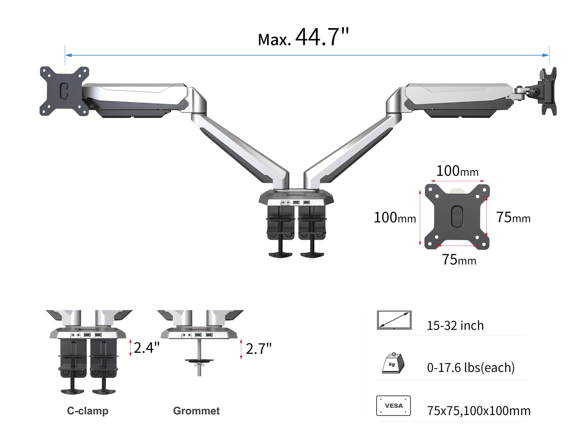 ShoppingAll Adjustable Dual Monitor Desk Mount Silver