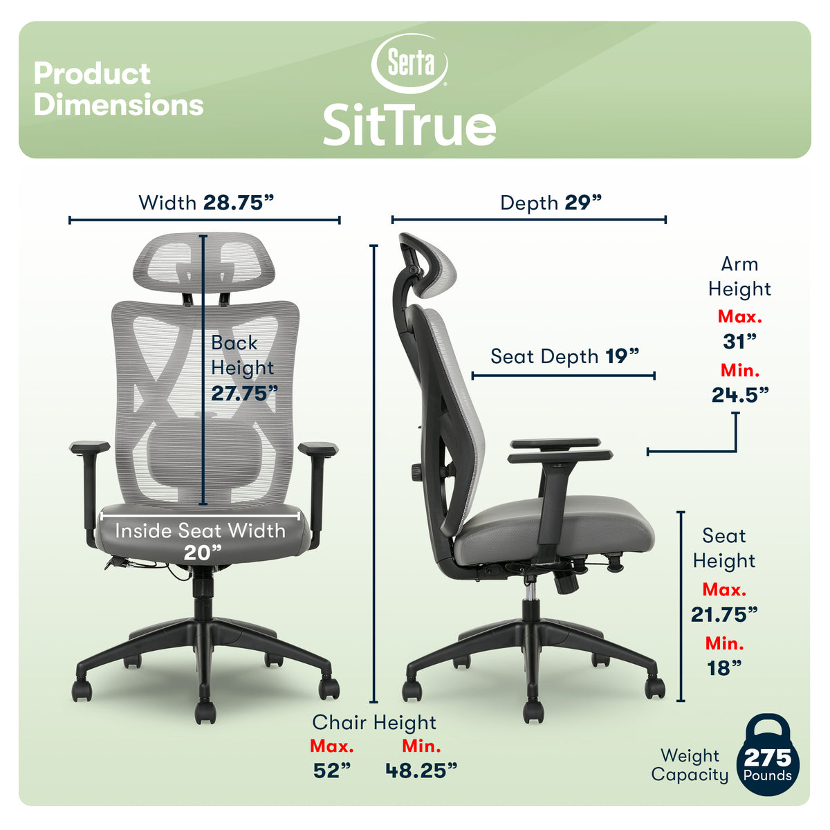 Serta SitTrue Ridgefield High Back Ergonomic Mesh Chair Gray