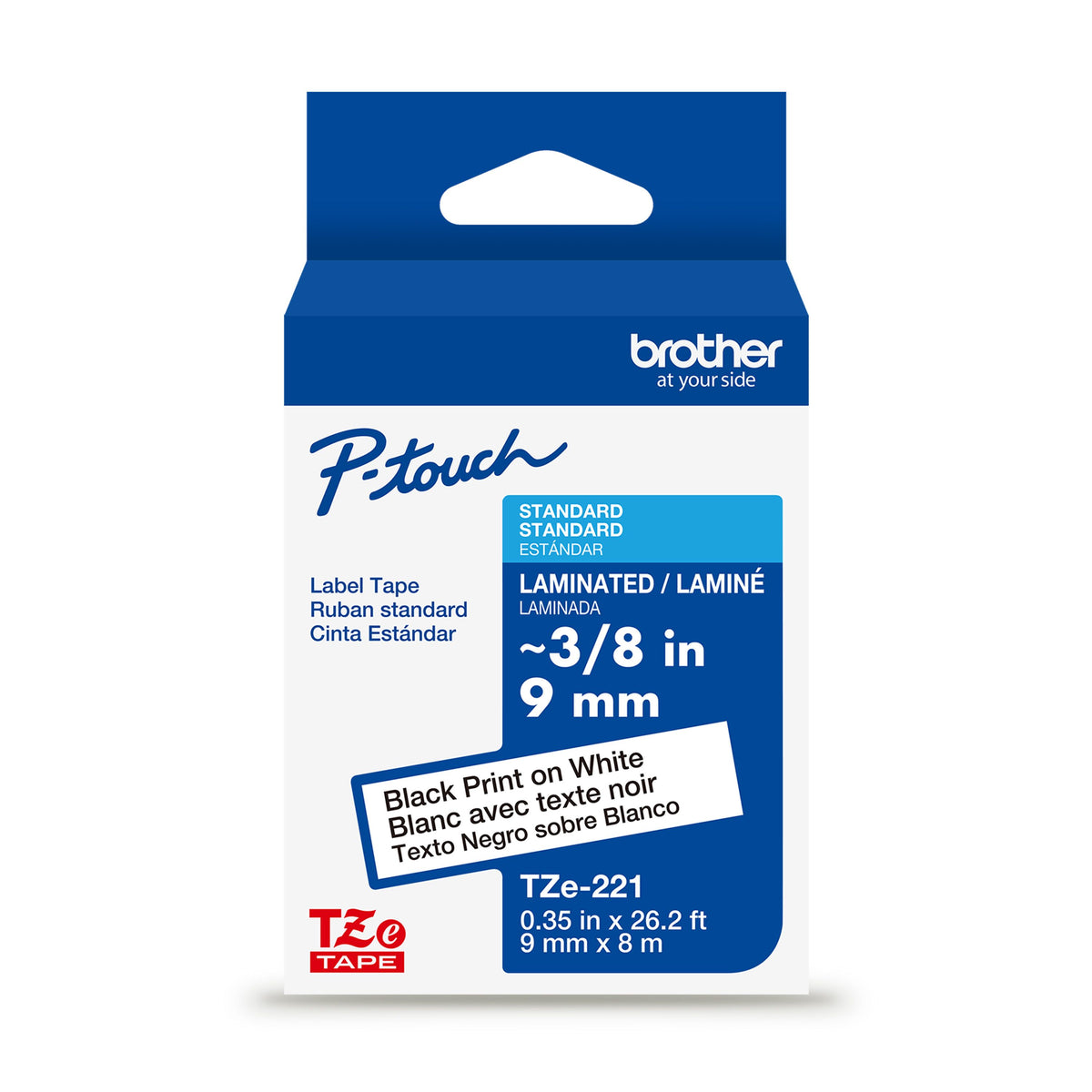 Brother Laminated Tape for P-touch Label Makers 9mm Black Print on White Label