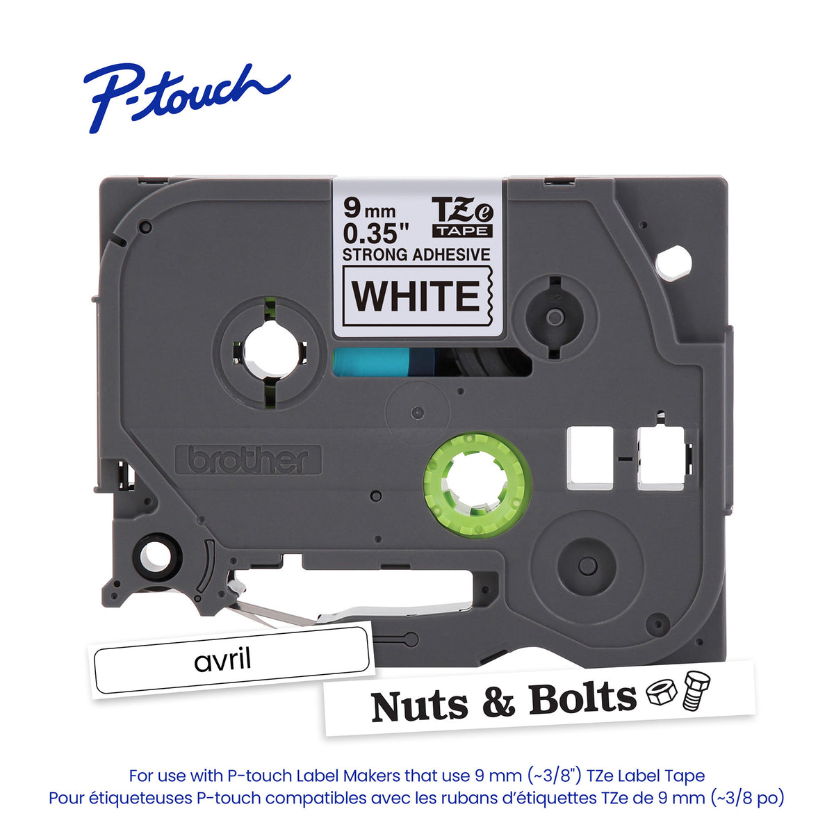 Brother Laminated Tape for P-touch Label Makers 9mm Black Print on White Label