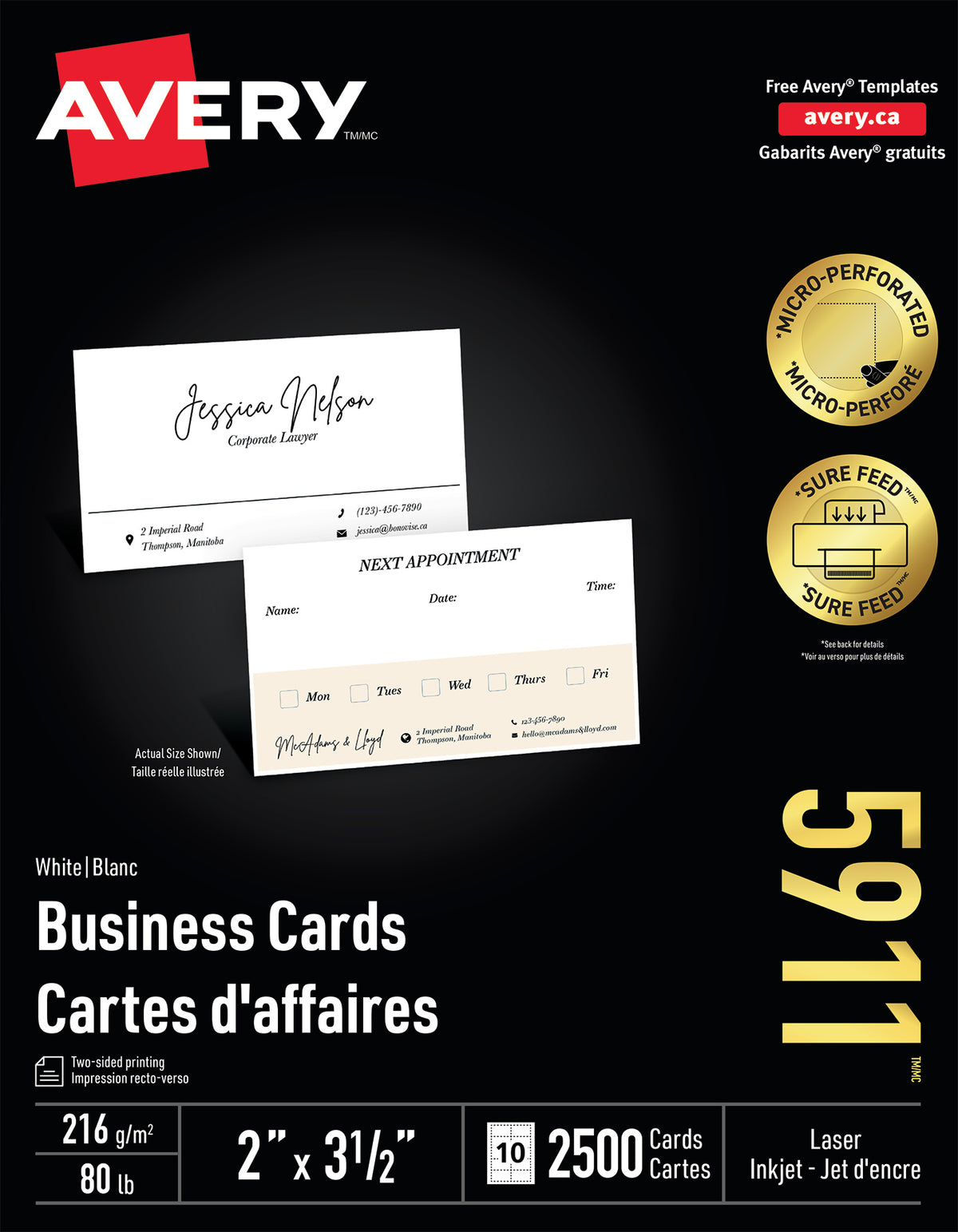 Avery 2" x 3 1/2" Premium Quality Business Cards for Laser Printers White 2500