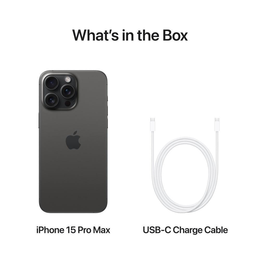 Black Titanium iPhone 15 Pro Max with triple-lens camera and white USB-C charging cable.