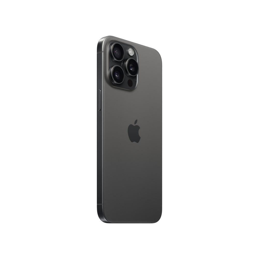 Black Titanium iPhone 15 Pro Max with a 6.7-inch display and triple-lens camera system on a white background.