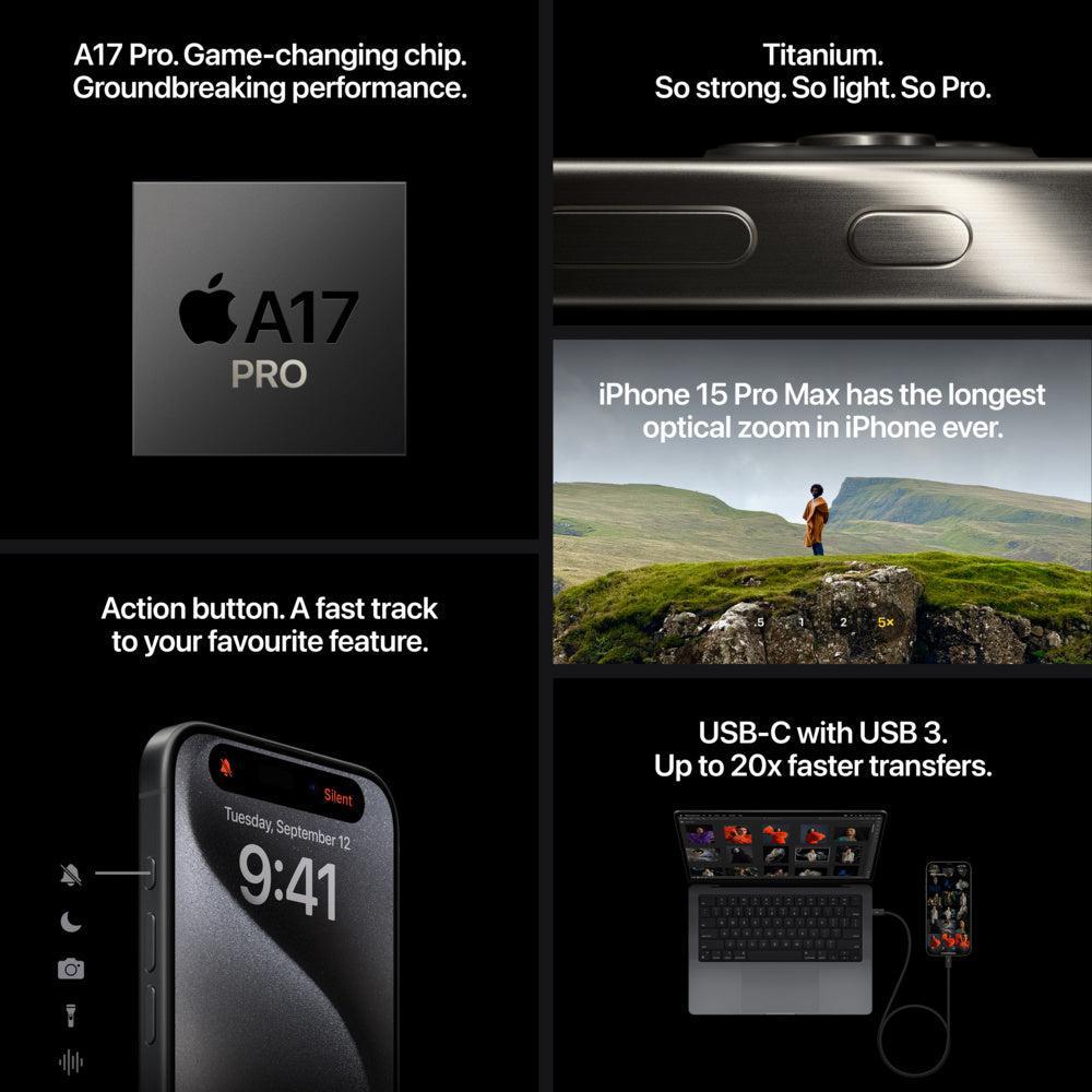Black Titanium iPhone 15 Pro Max featuring A17 Pro chip, Action button, 5x optical zoom camera, and USB-C connectivity.
