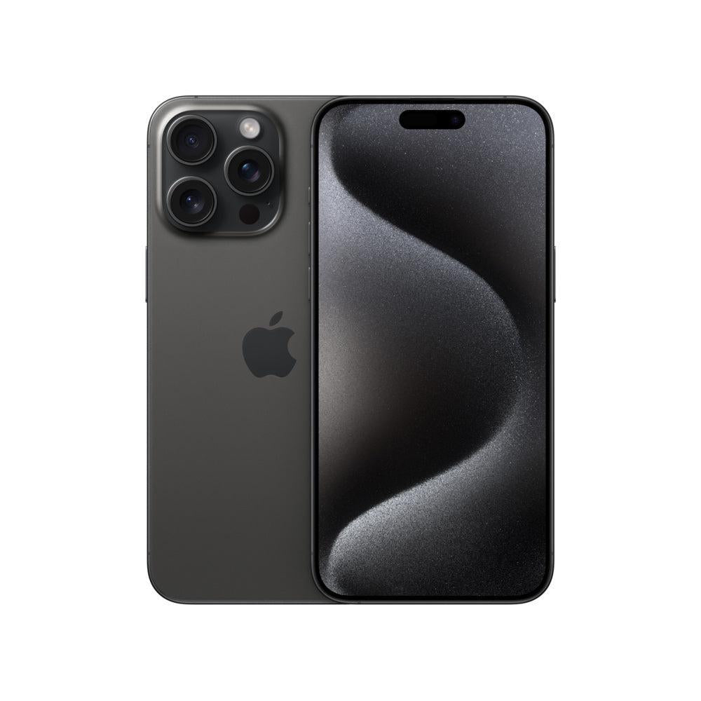 Black Titanium iPhone 15 Pro Max with a 6.7-inch display and triple-lens camera system.
