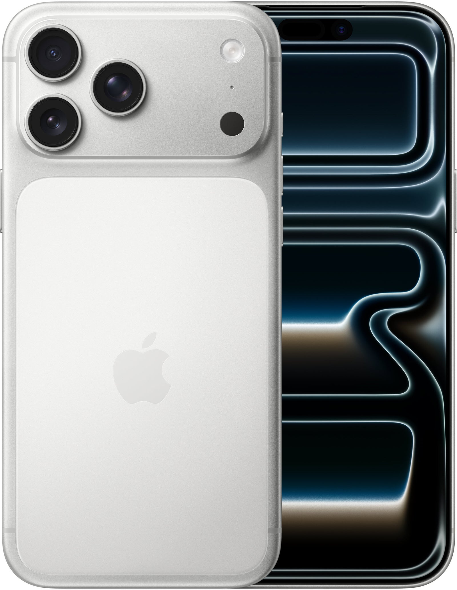 Silver iPhone 17 Pro Max with a 6.9-inch display, aluminum unibody design, and triple rear camera system.