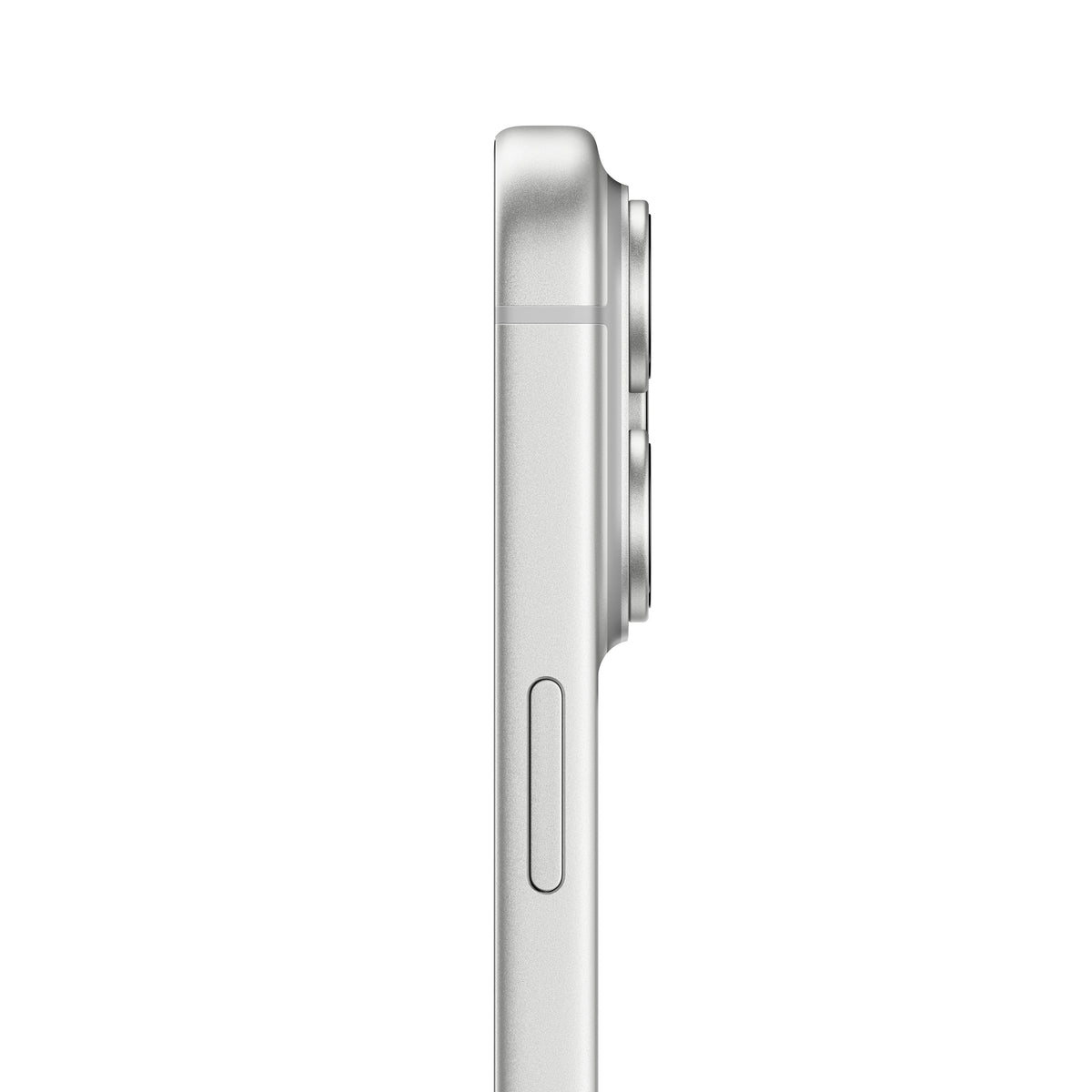 Side profile of silver iPhone 17 Pro Max featuring a sleek aluminum unibody design and prominent rear camera lenses.