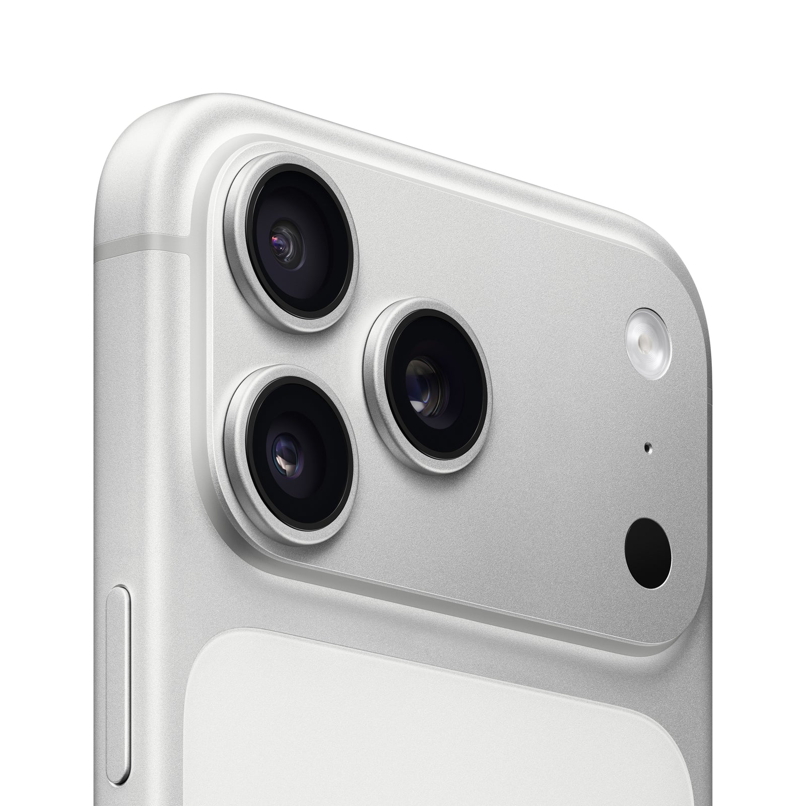 Silver iPhone 17 Pro Max showing the triple-lens 48MP camera system and sleek aluminum unibody design.