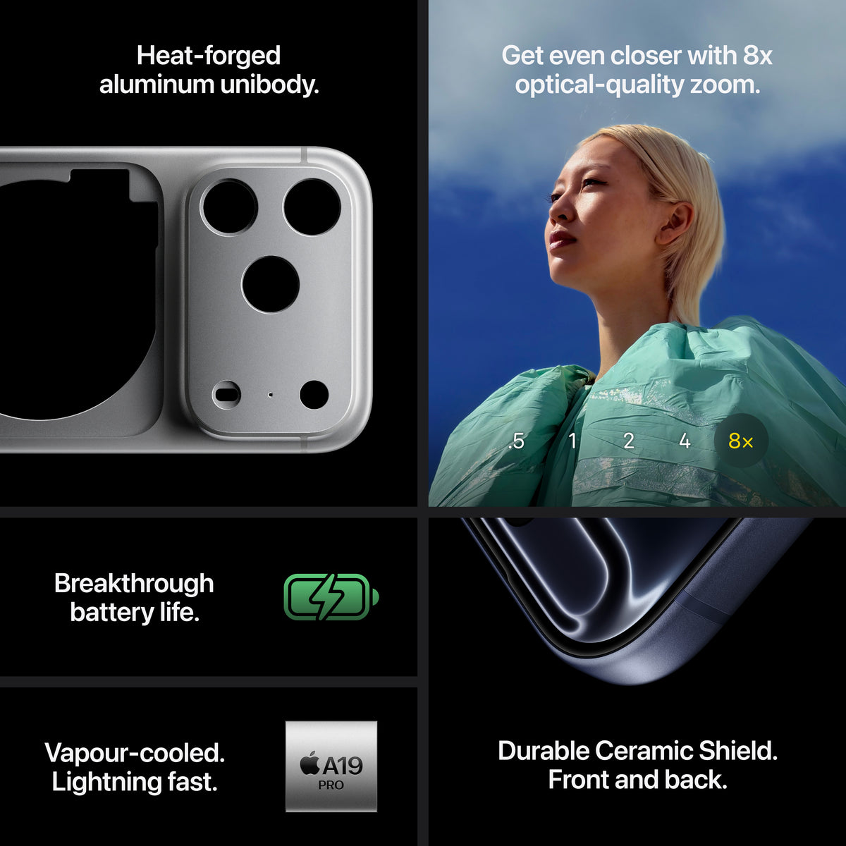 Silver iPhone 17 Pro Max showing heat-forged aluminum unibody, 8x optical zoom camera, A19 Pro chip, and durable Ceramic Shield.