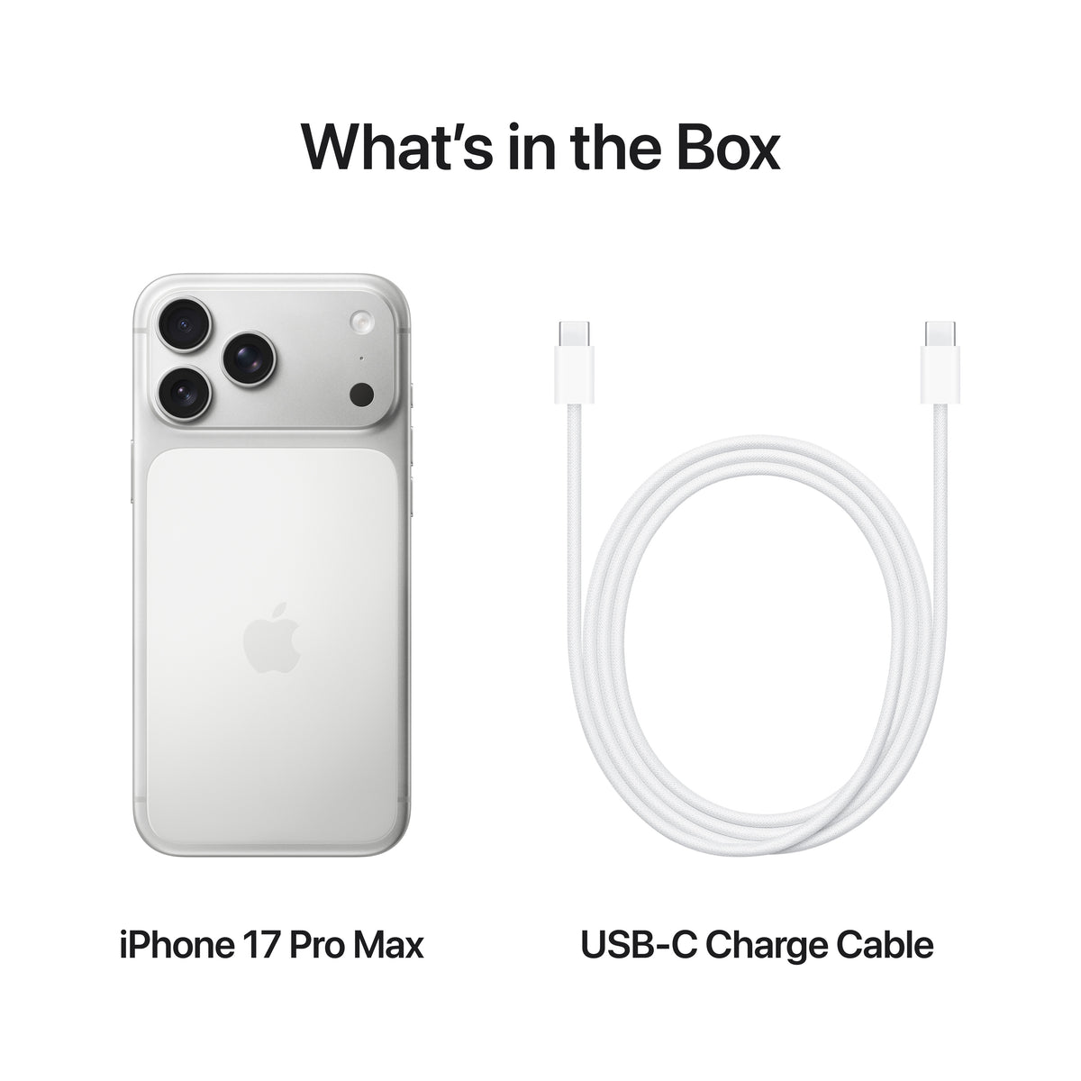 Silver iPhone 17 Pro Max with triple rear camera system and white USB-C charging cable.