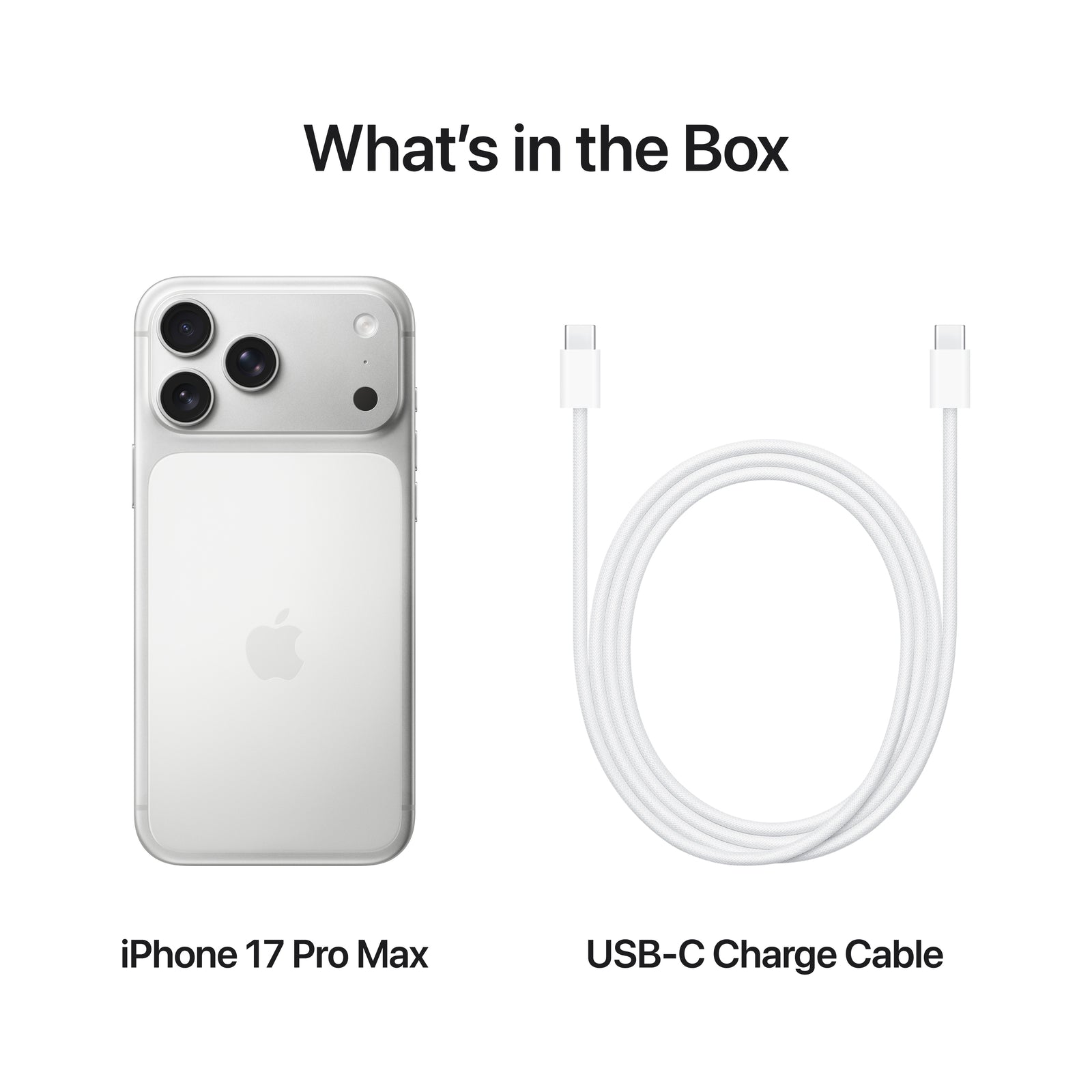 Silver iPhone 17 Pro Max with triple rear camera system and white USB-C charging cable.
