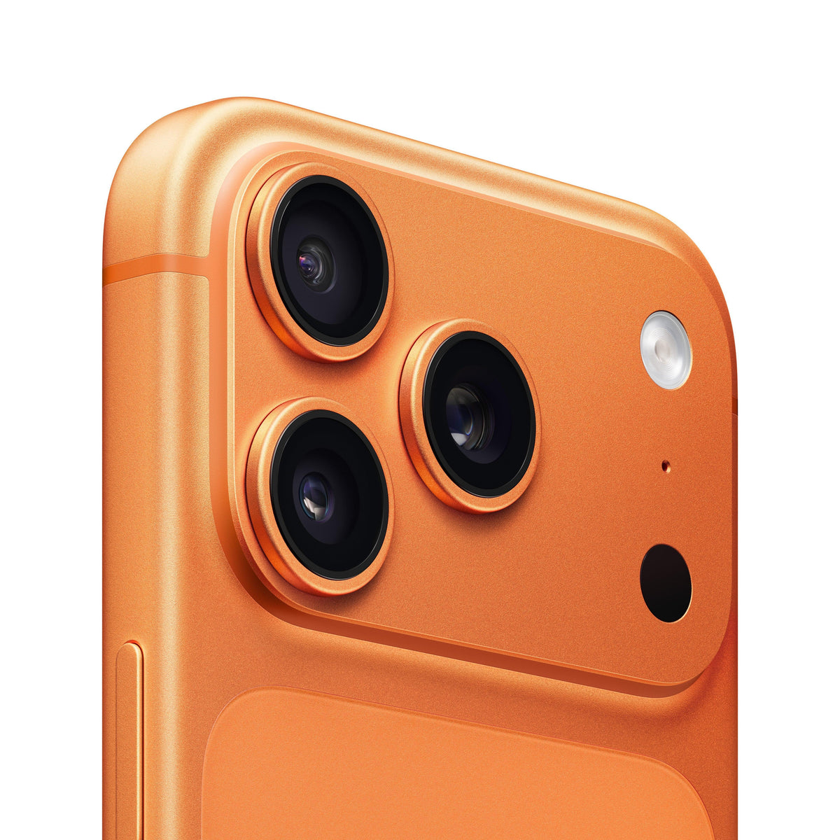 Cosmic Orange iPhone 17 Pro featuring a sleek aluminum unibody design and a triple-lens 48MP rear camera system.