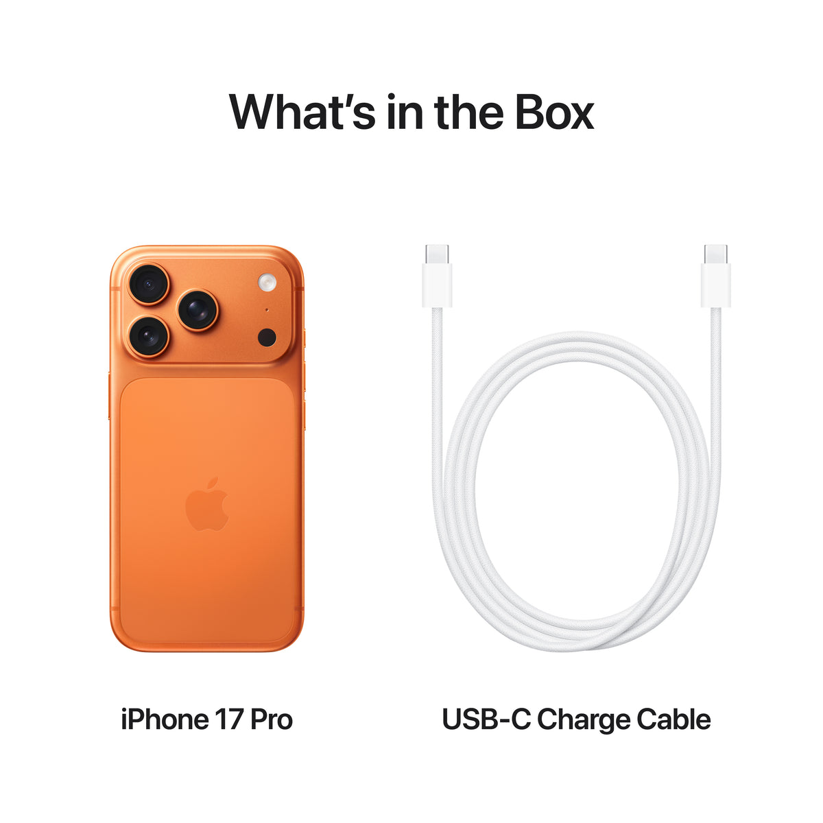 Cosmic Orange iPhone 17 Pro with triple-lens camera system and a white USB-C charging cable.