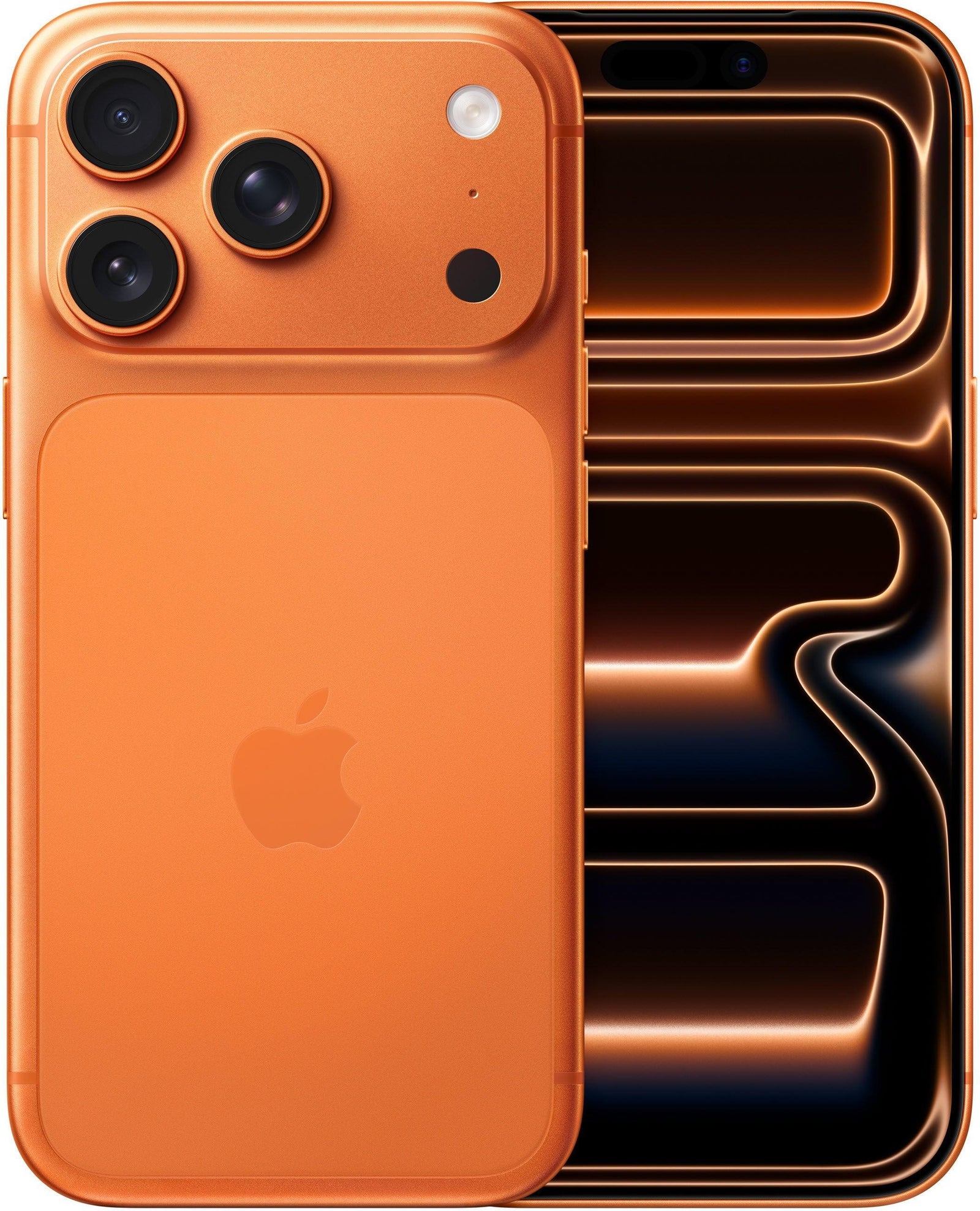 Cosmic Orange iPhone 17 Pro with 6.3-inch display, aluminum unibody, and triple-lens camera system.