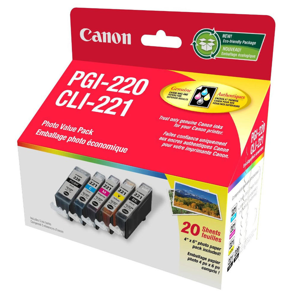 Canon PGI-220 CLI-221 Black Colour Ink Cartridges and 20-Sheet Photo Paper Value