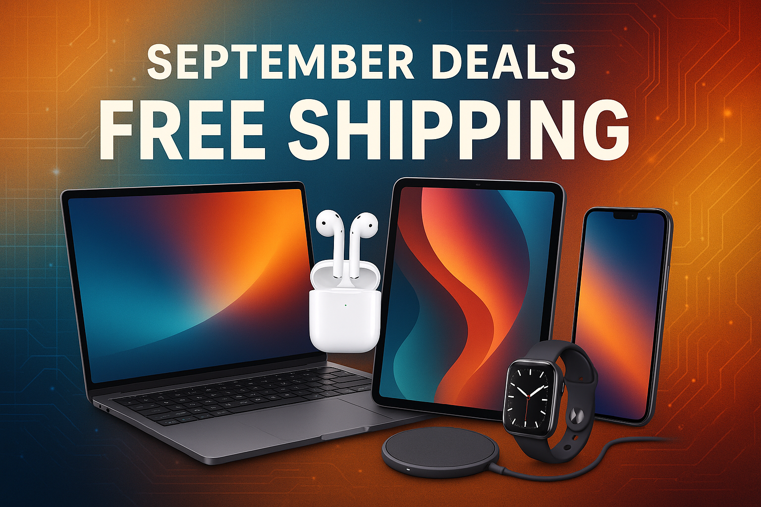 remove the product outlines, add realistic computer, earpods, tablet and a few other elements